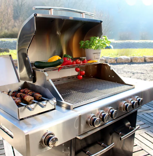 Close-up of an ALLGRILL grill with meat skewers and vegetables on i