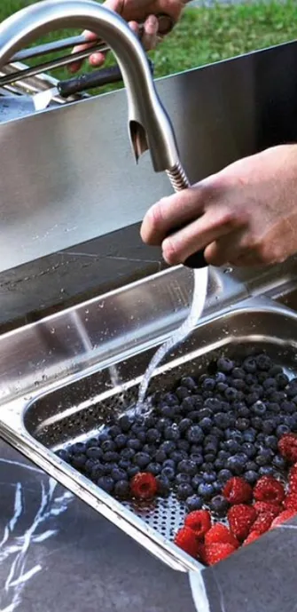 Hände waschen Blau- und Himbeeren mit Wasser in der Spüle einer Outdoorküche