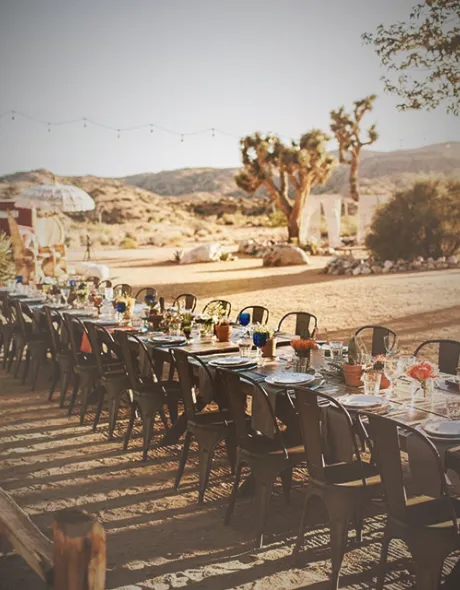 Very long festively set table with many chairs in a prairie landscape